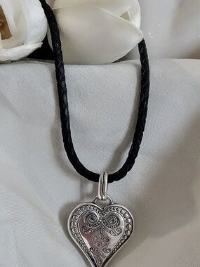 Silver Heart Pendant Necklace - Black Cord